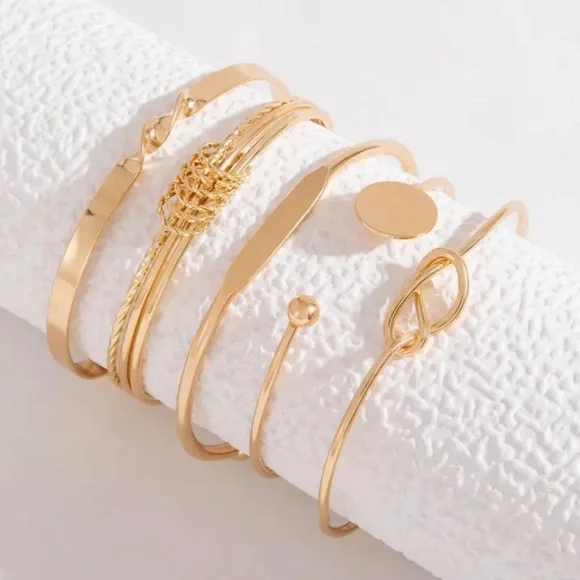 5pcs Trendy Vintage Style Bangle Set Stylish Geometric Cuff Bracelets Golden - Picture 2 of 7